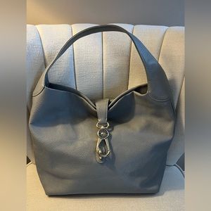 Gray leather handbag